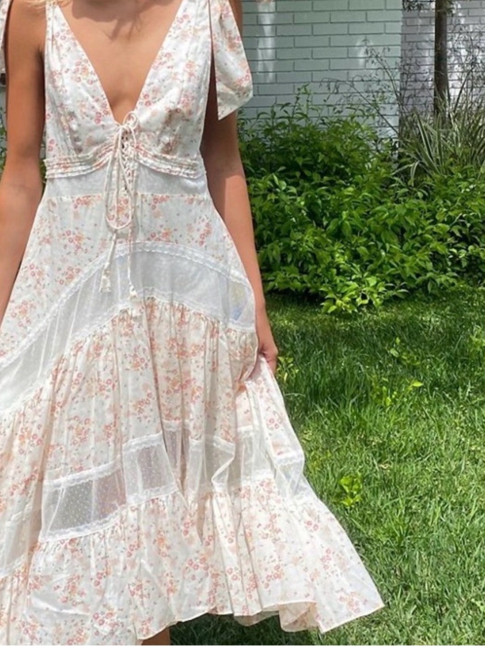 Urban Outfitters Cream Floral Tie-Front Midi Dress with Pink Accents